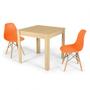 Imagem de Conjunto Mesa de Jantar Quadrada Sofia Natural 80x80cm com 2 Cadeiras Eames Eiffel - Laranja