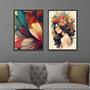 Imagem de Conjunto Quadros Decorativos com Moldura  Mulher Flores na Cabeça Sala Quarto Cozinha Kit 2 Peças