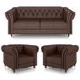 Imagem de Conjunto Sala de Estar 1 Sofá Living 180cm e 2 Poltronas Stanford Chesterfield Pés Madeira Couro Marrom Brilho G58 - Gran Belo