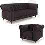 Imagem de Conjunto Sala de Estar 1 Sofá Living 200cm e 1 Poltrona Stanford Chesterfield Pés Madeira Couro Borgonha G58 - Gran Belo