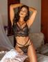 Imagem de Conjunto Sensual Mini Cropped Sem Bojo Com Aro em Renda Com Calcinha Fio Dental - Preto