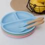 Imagem de Conjunto Talher Bambu Pratinho Silicone Ventosa Alimentação Bebe Introdução Alimentar