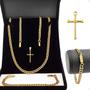 Imagem de Cordão banhado aço inox + pulseira grumet moda masculina estiloso social casual presente religioso original
