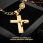 Imagem de cordão masculino dourado grumet + pingente pai nosso crucifixo aço 18k social qualidade premium 60cm