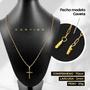 Corrente banhada aço inox + pingente crucifixo + pulseira spaceman tijolinho dourado religioso - Orizom Imagem de Corrente banhada aço inox + pingente crucifixo + pulseira spaceman tijolinho dourado religioso