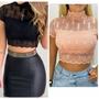 Imagem de cropped feminino gola alta de renda com bojo manga curta influencer