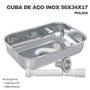 Imagem de Cuba de Aço Inox Medida 56x34x17 Polida com Válvula 3 1/2 e Sifão