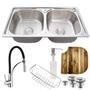 Imagem de Cuba dupla aço inox 304 + tábua e torneira flexível preta