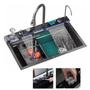 Imagem de Cuba Gourmet Inox Premium Pia Cozinha Torneira Mangueira Cascata Agua Quente Fria Painel Monocomando Dispenser Dosador Limpador de Copo Luxo Area Exte