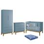 Imagem de Dormitório Infantil Classic 2 Portas, Cômoda 3 Gavetas, Berço Azul com Pés Amadeirado e Colchão - Reller Móveis