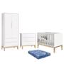 Imagem de Dormitório Infantil Classic 2 Portas, Cômoda 3 Gavetas, Berço Branco Fosco com Pés Madeira Natural e Colchão - Reller Móveis