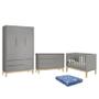 Imagem de Dormitório Infantil Classic 3 Portas, Cômoda 1 Porta, Berço Cinza Fosco com Pés Madeira Natural e Colchão - Reller Móveis