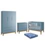 Imagem de Dormitório Infantil Classic 3 Portas, Cômoda 3 Gavetas, Berço Azul com Pés Amadeirado e Colchão - Reller Móveis
