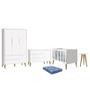 Imagem de Dormitório Infantil Theo Retrô 3 Portas, Cômoda 1 Porta, Berço, Mesa de Apoio Branco com Pés Amadeirado e Colchão - Reller Móveis