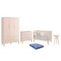 Imagem de Dormitório Infantil Theo Retrô 3 Portas, Cômoda, Berço, Mesa de Apoio Rosa Fosco com Pés Madeira Natural e Colchão - Reller Móveis