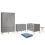 Imagem de Dormitório Theo 3 Portas, Cômoda 6 Gavetas, Berço, Mesa de Canto Cinza Fosco com Pés Madeira Natural e Colchão - Reller Móveis