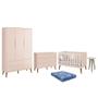 Imagem de Dormitório Theo 3 Portas, Cômoda 6 Gavetas, Berço, Mesa de Canto Rosa Fosco com Pés Amadeirado e Colchão - Reller Móveis