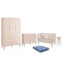 Imagem de Dormitório Theo 3 Portas, Cômoda 6 Gavetas, Berço, Mesa de Canto Rosa Fosco com Pés Madeira Natural e Colchão - Reller Móveis