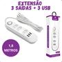 Imagem de Extensão Elétrica 3 Tomadas com 3 USB e Botão LED Branco