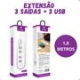 Imagem de Extensão Elétrica 3 Tomadas com 3 USB e Botão LED Branco