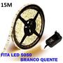 Imagem de Fita De Led Branco quente 5050 15 Metros Para Decoração Com Fonte 3amp