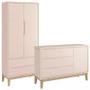 Imagem de Guarda Roupa 2 Portas e Cômoda com Porta Classic Rosa Fosco Pés Madeira Natural - Reller Móveis