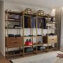 Imagem de Guarda Roupa Aberto Industrial Casal Modulado Completo Amêndoa Cabideiro com Gavetas Base Dourada