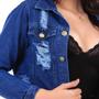 Imagem de Jaqueta Cropped Jeans Feminina Com Rasgos Azul Escura Stillger