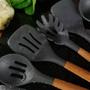 Imagem de Jogo 11 Colheres De Silicone Cabo Madeira Utensílios Cozinha Talheres