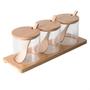 Imagem de Jogo 3 Potes De Vidro Porta Tempero Tampa Bambu 300ml Com 3 Colheres Mantimentos Decoração Condimentos