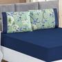 Imagem de Jogo de Lençol Real Casal Padrão 3 Peças MicroPercal 200 Fios Ponto Palito Estampado - Azul Flower - 100% Poliéster