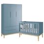 Imagem de Jogo de Quarto Classic Guarda Roupa 3 Portas e Berço Azul Fosco com Pés Madeira Natural - Reller Móveis