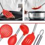 Imagem de Jogo de Utensílios de Cozinha Silicone Vermelho Cabo Aço Inox 6 Peças