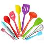 Imagem de Jogo Kit 10 Utensílios Silicone Colorido Cozinha Colher Pegador Concha Espátula Pincel