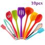 Imagem de Jogo Kit 10 Utensílios Silicone Colorido Cozinha Colher Pegador Concha Espátula Pincel