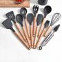 Imagem de jogo kit colheres de silicone cabo de madeira 12 peças utensilios cozinha