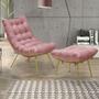 Imagem de Kit 01 Poltrona Decorativa Costela Esqueleto Adão com 01 Puff Base  Dourado Fixa de Ferro Suede Rosa Rose - 2M Decor