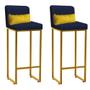 Imagem de Kit 02 Banqueta Alta com Encosto Lucca Industrial Cozinha Balcão Ferro Dourado Suede Azul Marinho e Almofada Amarelo - Ahazzo Móveis