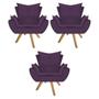 Imagem de kit 03 Poltronas Decorativas Fenzzi Base Giratória de Madeira Suede Roxo - DAMAFFÊ MÓVEIS