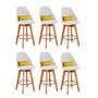 Imagem de Kit 06 Banquetas Alta Maya Giratória Com Encosto Linho Bege Claro e Almofada Suede Amarelo - Aurora Line