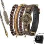 Imagem de Kit 06 Pulseiras e Colares - Pulseira de Couro Marrom Bússola Rosa dos Ventos e Esferas Madeira e Fecho Strap