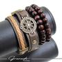 Imagem de Kit 06 Pulseiras e Colares - Pulseira de Couro Marrom Bússola Rosa dos Ventos e Esferas Madeira e Fecho Strap
