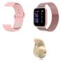 Imagem de Kit 1 Relógio Smartwatch P70 Rosa Android iOS + 1 Pulseira Extra + 1 Mini Fone Bluetooth Marfim