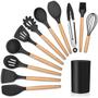 Imagem de Kit 12 Utensílios De Cozinha Peças De Silicone Madeira Preto