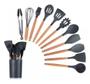 Imagem de Kit 12 utensílios de cozinha silicone cabo madeira escumadeira cor preto