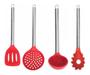 Imagem de kit 15 Utensílios Cozinha Colheres De Silicone Vermelho Cabo Inox + Suporte 6 Ganchos