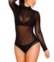 Imagem de Kit 2 Body Blusa Lurex Brilhoso + Body Preto Feminina Liso Manga Longa Transparente Bory Sexy