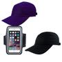 Imagem de Kit 2 Bonés Liso Esportivo Preto, Roxo Unissex E 1 Braçadeira Para Celular Ideal Para Caminhada, Corrida