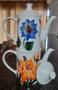 Imagem de kit 2 Bules bico longo 700 ml - Café, Leite, Chá - com tampa em porcelana decorada