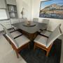Imagem de Kit 2 Cadeira de Jantar Estofada Tecido Linho Base Madeira Eucalipto Maciça Modelo Veneza
